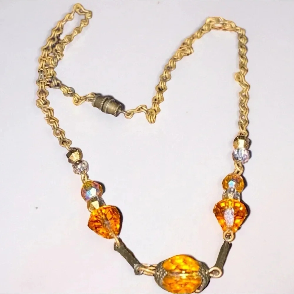 Vintage 1930's Czechoslovakia Amber Colored Glass Gold Tone Necklace 16”